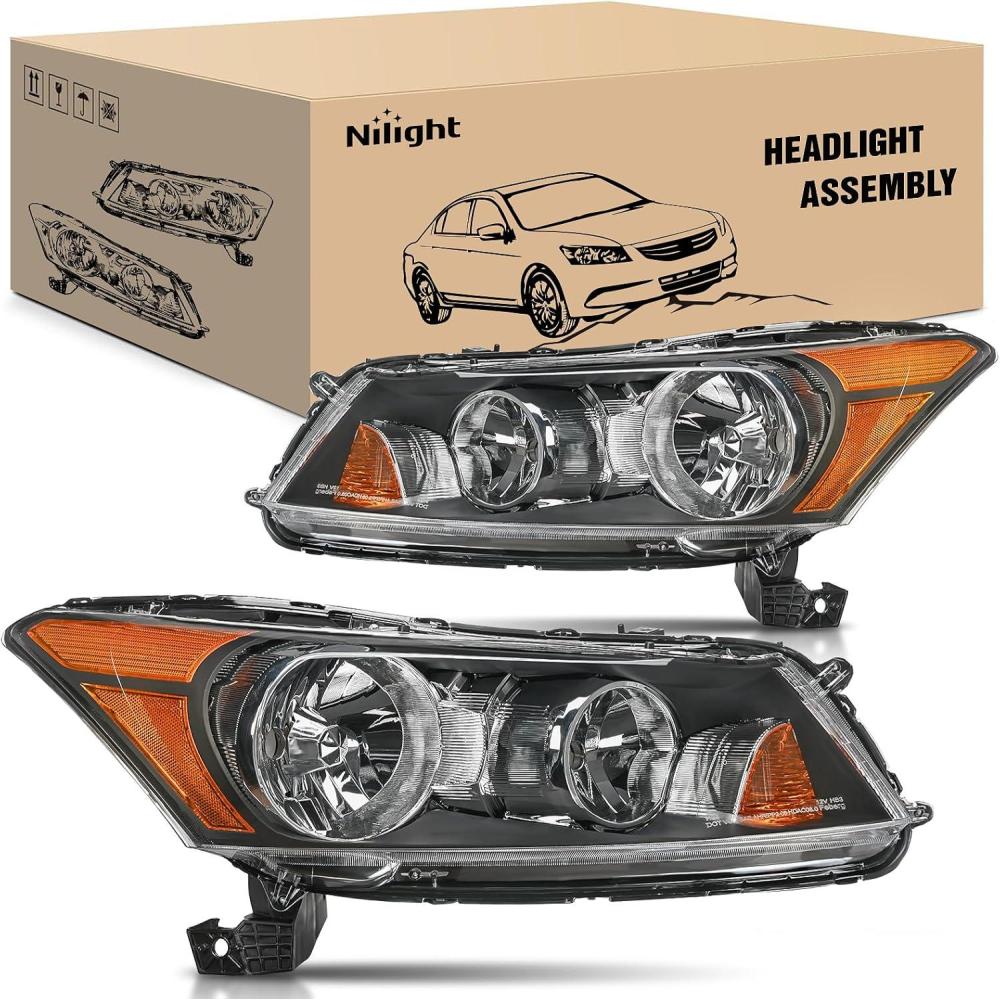 imageNilight Headlights Assembly for Honda Accord sedan 2008 2009 2010 2011 2012 Headlamp Chrome Housing Amber ReflectorBlack