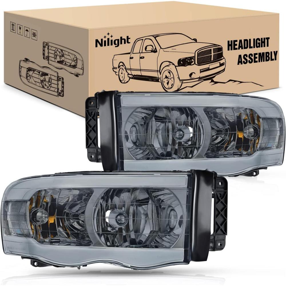 imageNilight Headlights for 2002 2003 2004 2005 Ram 1500 2500 3500 Truck Black Housing Clear CornerHeadlight Assembly Replacement kitDriver and Passenger Side2 PackSmoke Housing  Clear Reflector DRL