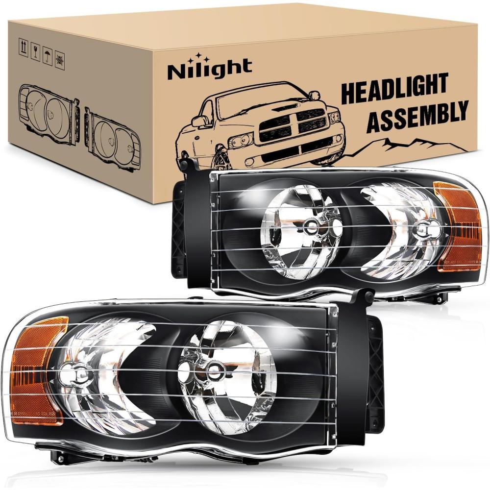imageNilight Headlights for 2002 2003 2004 2005 Ram 1500 2500 3500 Truck Black Housing Clear CornerHeadlight Assembly Replacement kitDriver and Passenger Side2 PackBlack Housing Amber Reflector