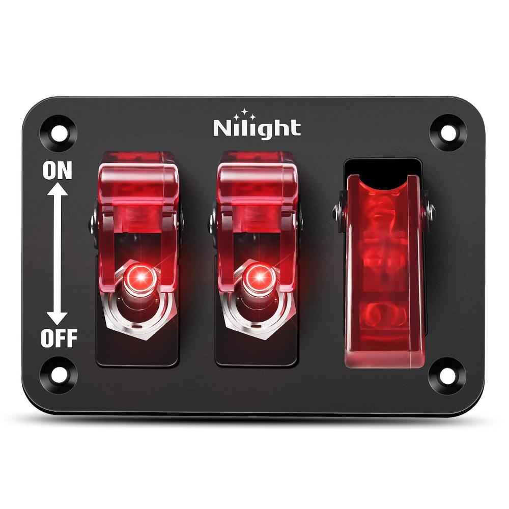 imageNilight Ignition Switch Panel 12V 2 in 1 Rocker with Engine Push Button Toggle Switches with Relay Wiring Harness LED for RV Truck Racing Car Boat Marine TrailerRed 3 Gang