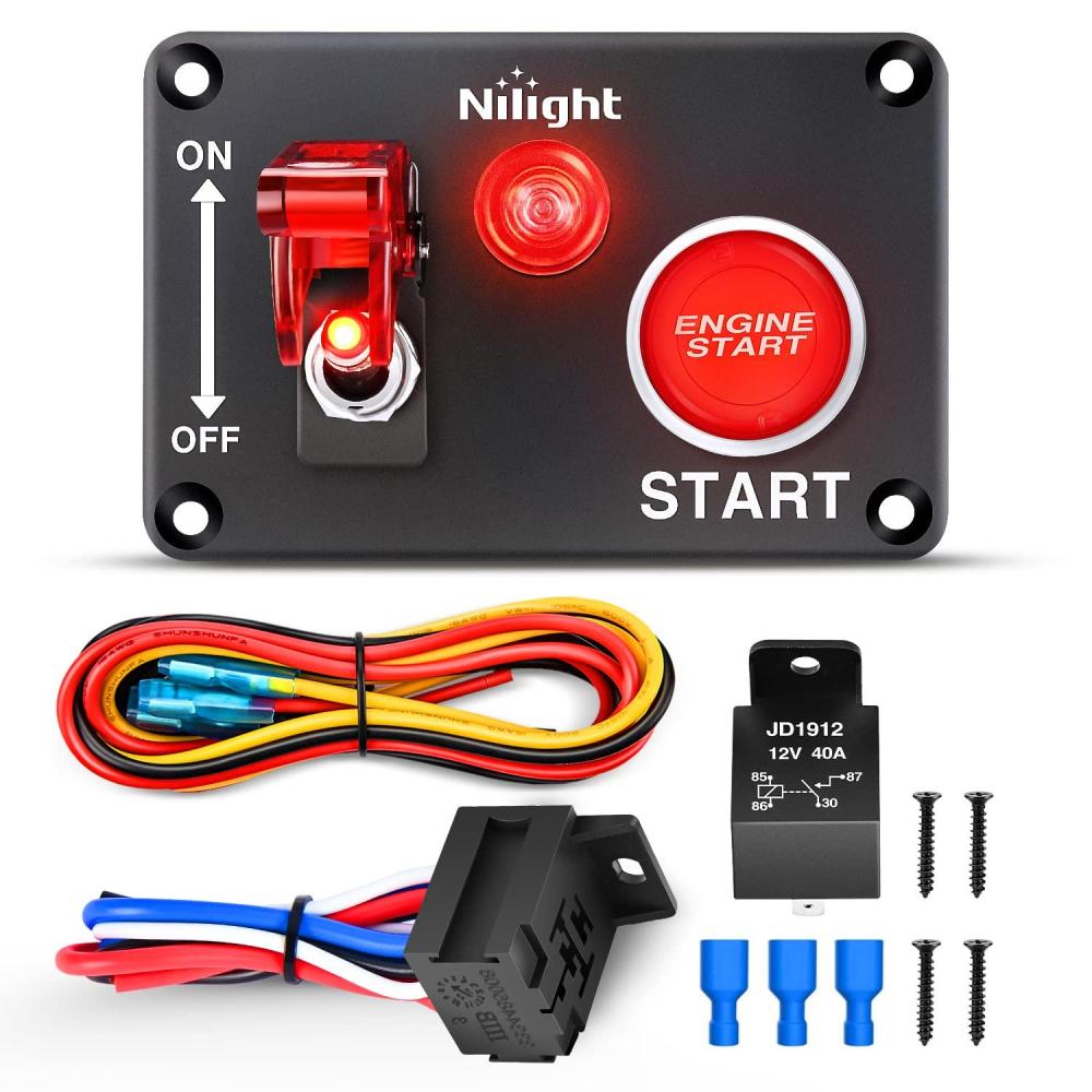 imageNilight Ignition Switch Panel 12V 2 in 1 Rocker with Engine Push Button Toggle Switches with Relay Wiring Harness LED for RV Truck Racing Car Boat Marine TrailerRed 2 in 1 Panel