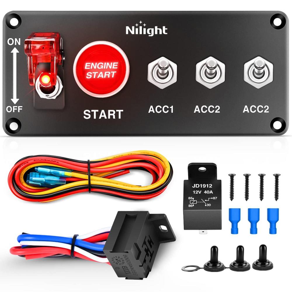 imageNilight Ignition Switch Panel 12V 2 in 1 Rocker with Engine Push Button Toggle Switches with Relay Wiring Harness LED for RV Truck Racing Car Boat Marine TrailerRed 5 in 1 Panel