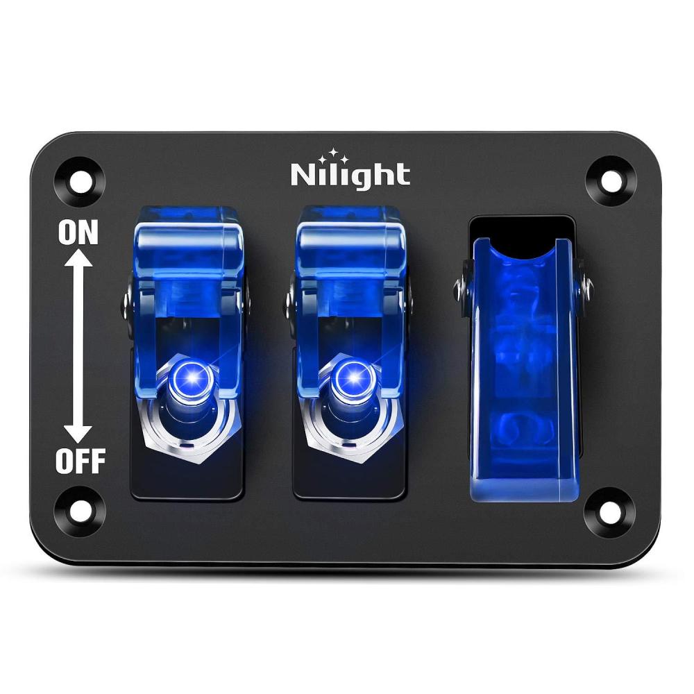 imageNilight Ignition Switch Panel 12V 2 in 1 Rocker with Engine Push Button Toggle Switches with Relay Wiring Harness LED for RV Truck Racing Car Boat Marine TrailerBlue 3 Gang