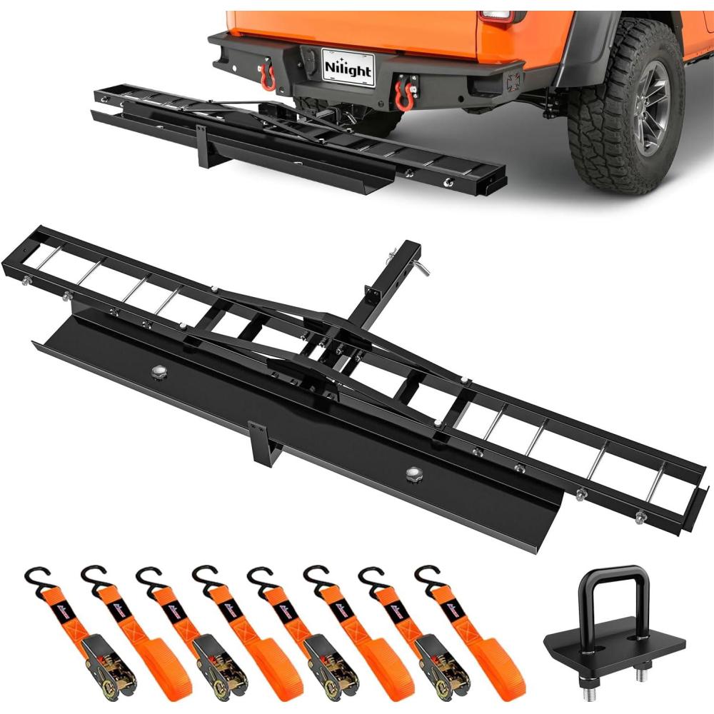 imageNilight Motorcycle Hitch Carrier 600LBS Heavy Duty Dirt Bike Hitch Hauler with 5511quot Longer Ramp Hitch Pin TieDown Strap and Hitch Tightener 2quot Receiver 5quot Wide Tire