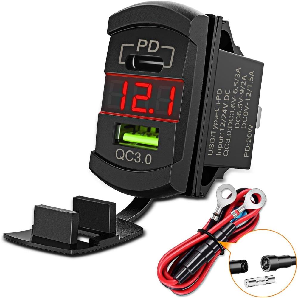 imageNilight Rocker Switch Style USB Outlet LED Voltmeter Quick Connector 12V PD Type C and USB QC 30 Cars Replacement with Inline Fuse for Switches Panel on Boats RV Truck CarType C  USB Voltmeter Red