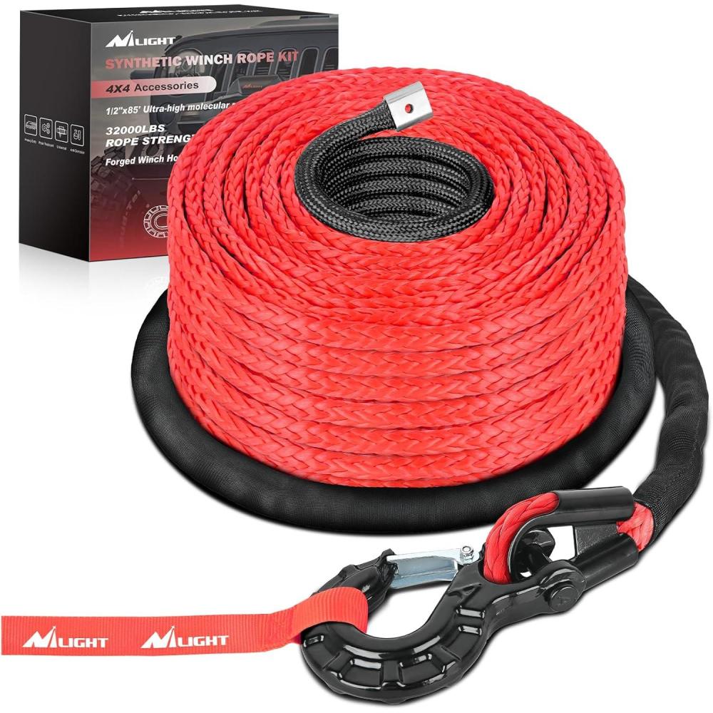 imageNilight Synthetic Winch Rope Kit 38 Inch X 100 25000 lbs with Red Jacket Rope Protective Sleeve Forged 35000lb Winch Hook Safety Strap Winch Cable Line for Off Road Vehicle Recovery Truck SUV BlackRed