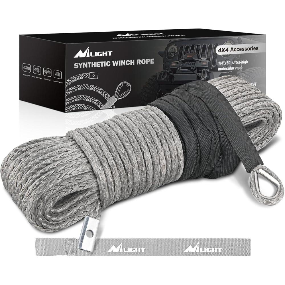 imageNilight Synthetic Winch Rope Kit 38 Inch X 100 25000 lbs with Red Jacket Rope Protective Sleeve Forged 35000lb Winch Hook Safety Strap Winch Cable Line for Off Road Vehicle Recovery Truck SUV BlackGrey