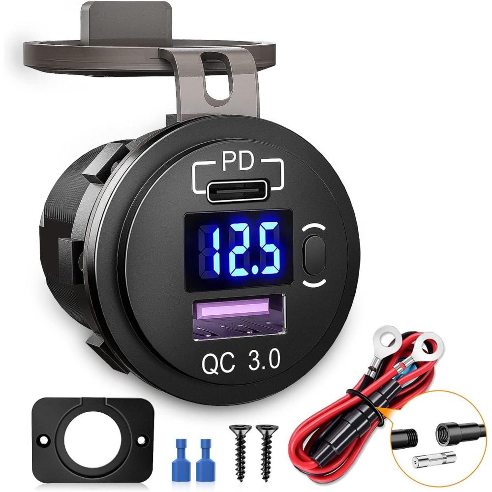 imageNilight USB Socket PD Type C and QC 30 USB Fast 12V 24V Car Outlet Voltmeter ON OFF Switch Fused Wire Kit Dual Power for Cars Trucks Vans RVsPD Type C and USB