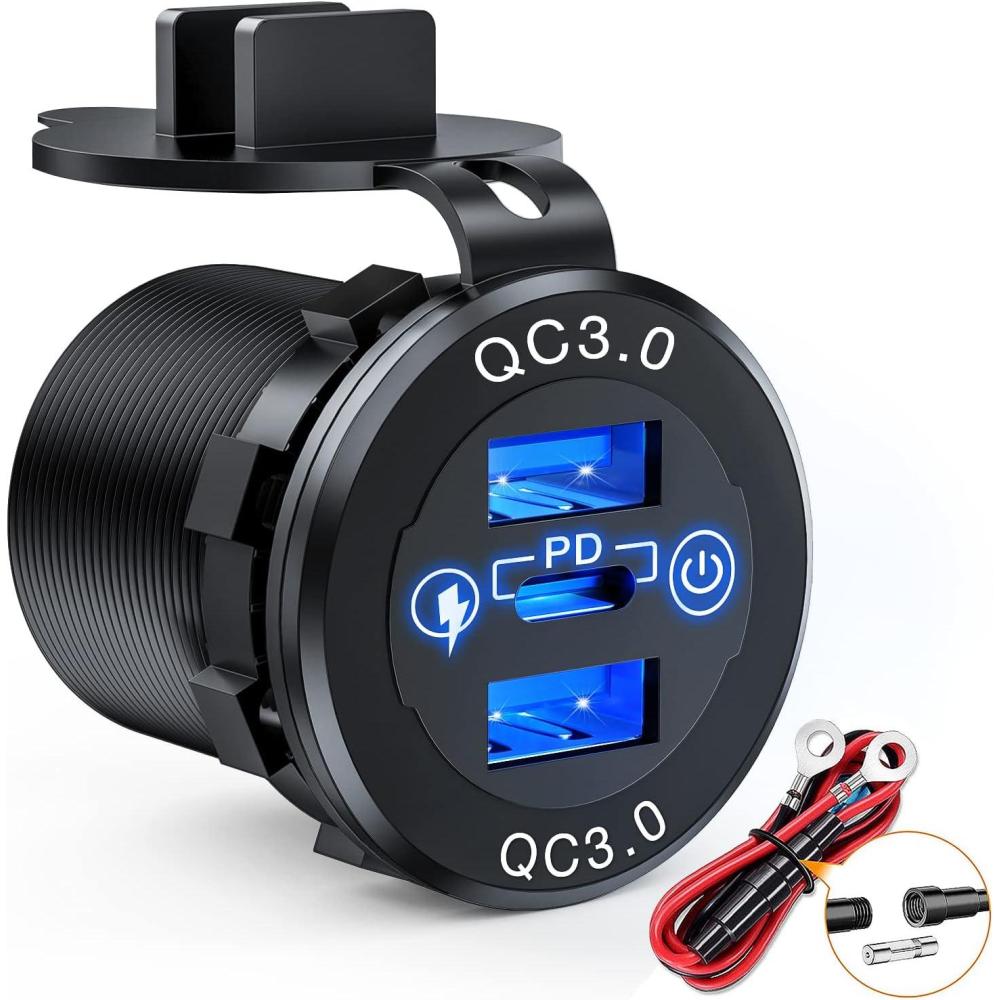 imageNilight USB Socket PD Type C and QC 30 USB Fast 12V 24V Car Outlet Voltmeter ON OFF Switch Fused Wire Kit Dual Power for Cars Trucks Vans RVsPD Type C and Dual USB
