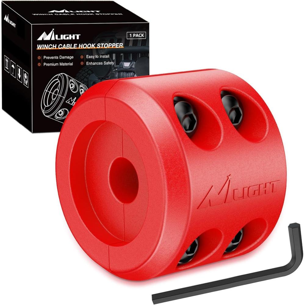 imageNilight Winch Stopper for ATV UTV Truck SUV Winch Cable Hook Rubber Stopper 2 Pack Protect Towing Hook Synthetic Rope Winch Accessories Rope Line Saver with Stainless Steel Screws Allen Wrenc GreenRed