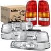 Nilight Headlight Assembly for 1999 2000 2001 2002 Chevy Silverado Avalanche 1500 1500HD 2500 2500HD 3500 Chevrolet Tahoe Suburban Replacement Headlamp Housing Bumper Lights Set(Grey Chrome Housing + Clear Reflector w/Tailight)