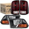 Nilight Headlight and Taillight Assembly Combo Compatible with 2009 2010 2011 2012 Dodge Ram 1500 2500 3500 OE Style Chrome Housing Amber Reflector with Red Housing Tail Lights(Black Housing + Amber Reflector w/Tailight)