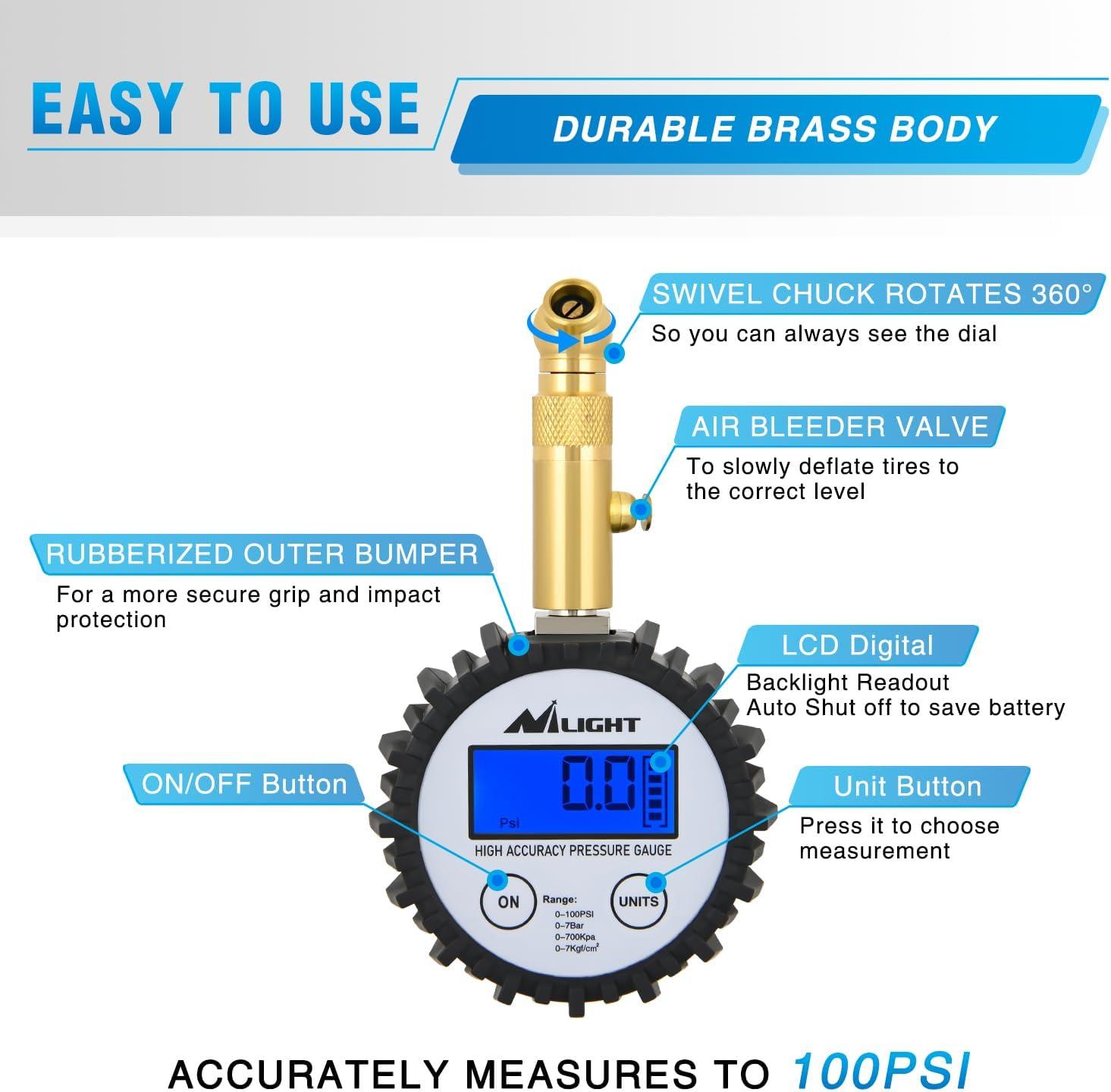 imageNilight 50057A Digital Tire Inflator Deflator with Pressure Gauge 250 PSI Air Chuck and Compressor Accessories with Rubber Hose and Quick Connect Coupler for 01 Display ResolutionDigital Tire Gauge