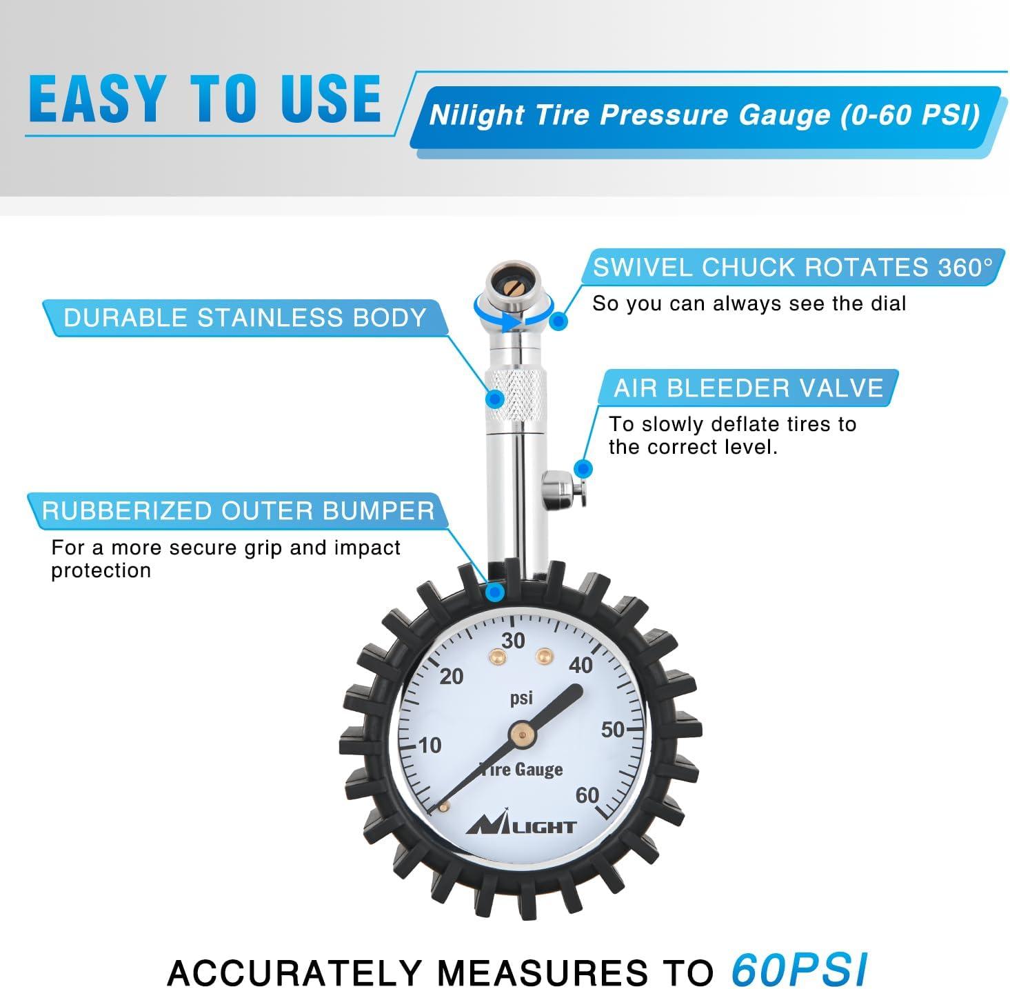 imageNilight 50057A Digital Tire Inflator Deflator with Pressure Gauge 250 PSI Air Chuck and Compressor Accessories with Rubber Hose and Quick Connect Coupler for 01 Display Resolution60psi Tire Gauge