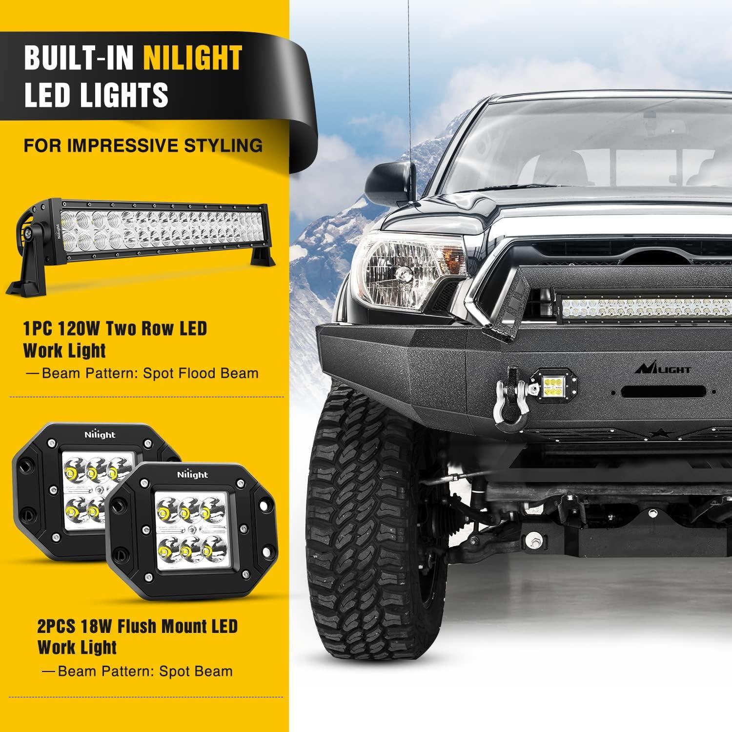 imageNilight Front Bumper Full Width Steel Compatible for 2014 2015 2016 2017 2018 2019 2020 2021 Toyota Tundra Pickup Truck with Winch Plate Offroad 120W Light Bar 18w LED Pods