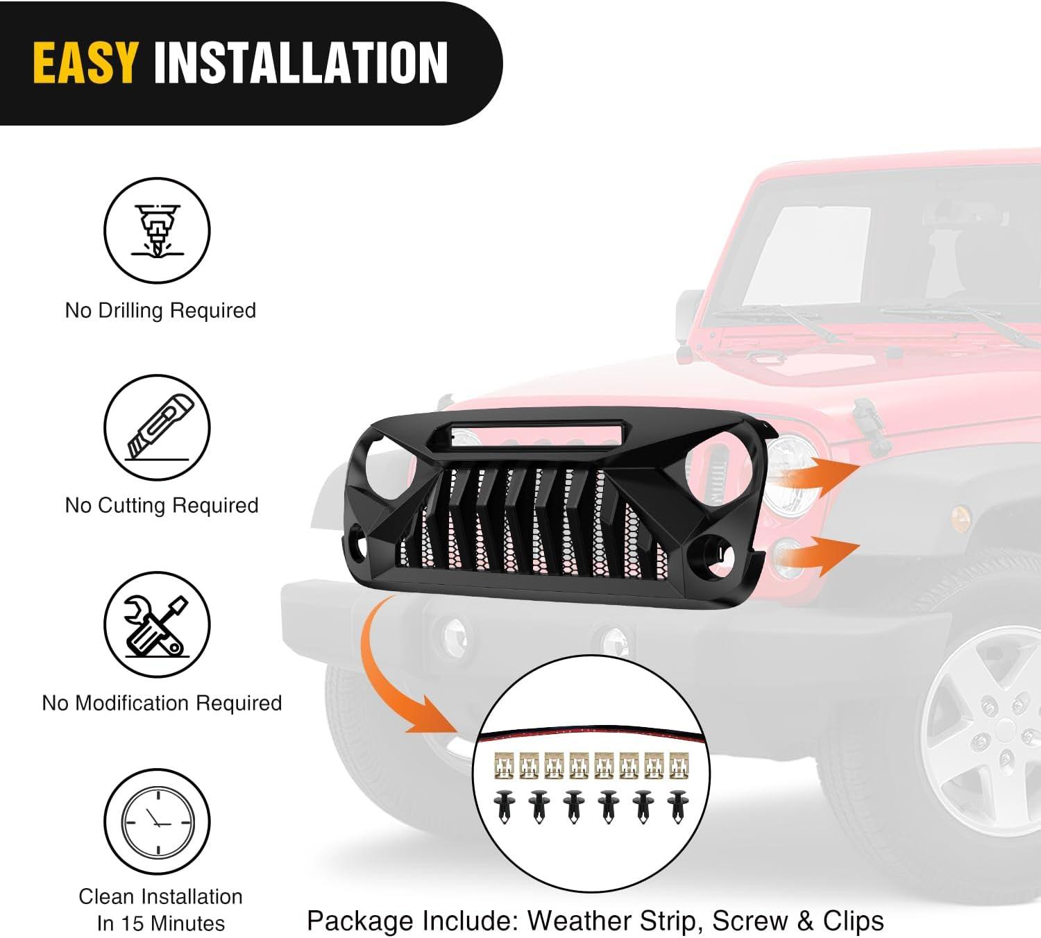 imageNilight Front Bumper Grill Cover for 2007 2008 2009 2010 2011 2012 2013 2014 2015 2016 2017 2018 Wrangler JKJKU Rubicon ampamp Sahara Sport with LED Work Light Pods Matte BlackFor 20072018 JK