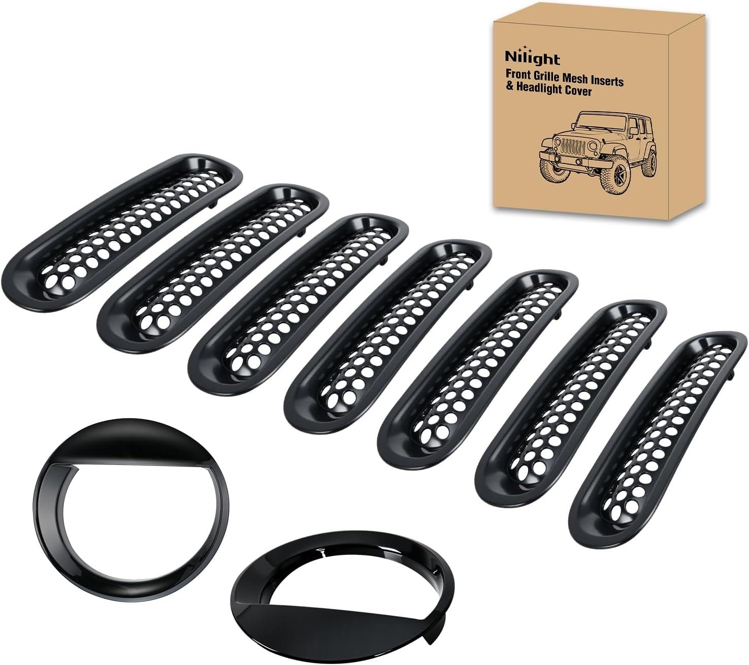 imageNilight Grill Inserts fit for Jeep Wrangler Front Grille Mesh Inserts ampamp Headlight Cover Set for JK JKU Unlimited Sports Sahara Freedom Rubicon 20072018 Clipin Trim Exterior Accessories Black 9 Pcs