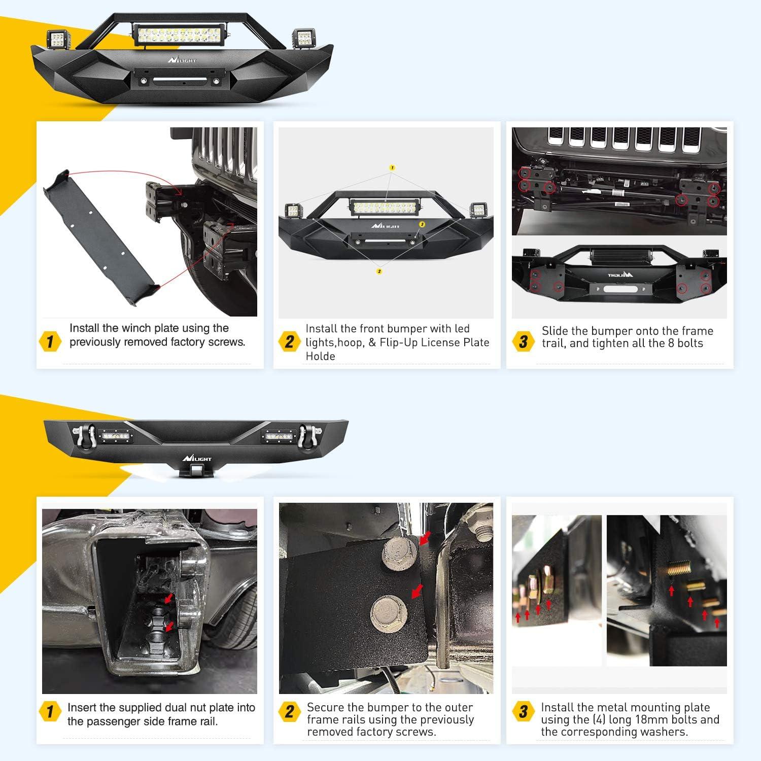 imageNilight Off Road Front Rear Tubular Doors with Side View Mirrors Compatible with 2018 2019 2020 2021 2022 2023 Wrangler JL 2020 2021 2022 2023 Gladiator JT 4 Door Only 2 Years WarrantyFront Bumper B Rear Bumper JL