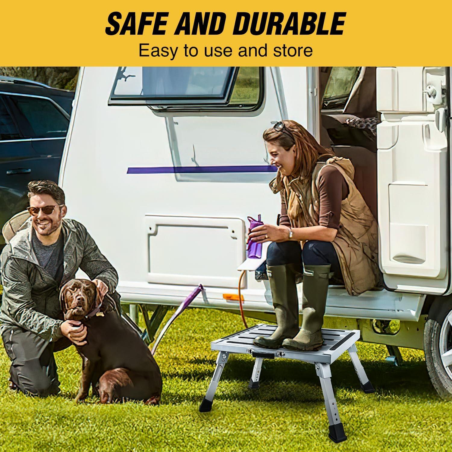 imageNilight RV Step Stool Aluminum Folding Platform Steps 19x145 RV Steps 4 Levels Adjustable Step Stool with AntiSlip Surface Rubber Feet Handle Supports Up to 500lbs for Camper Travel Trailer SilverSilver