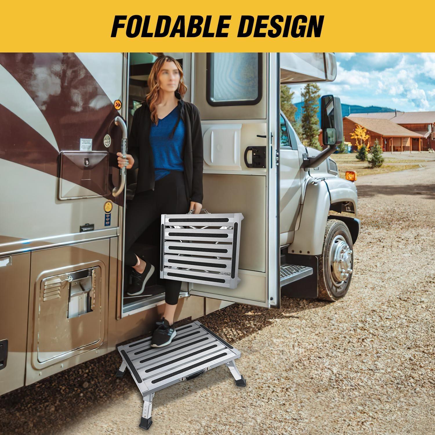 imageNilight RV Step Stool Aluminum Folding Platform Steps 19x145 RV Steps 4 Levels Adjustable Step Stool with AntiSlip Surface Rubber Feet Handle Supports Up to 500lbs for Camper Travel Trailer SilverSilver