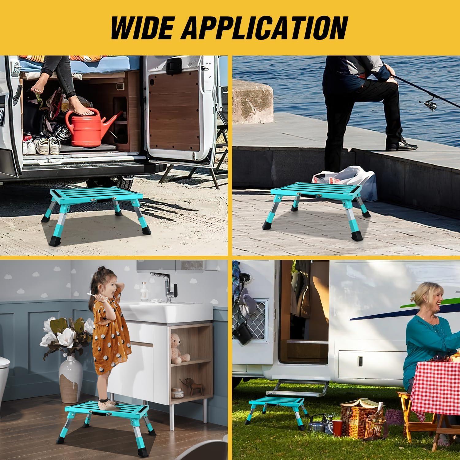 imageNilight RV Step Stool Aluminum Folding Platform Steps 19x145 RV Steps 4 Levels Adjustable Step Stool with AntiSlip Surface Rubber Feet Handle Supports Up to 500lbs for Camper Travel Trailer SilverMint Green