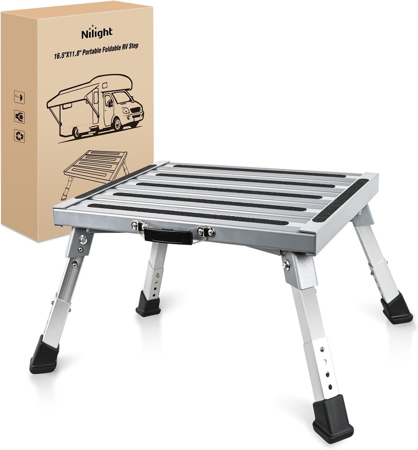 imageNilight RV Step Stool Aluminum Folding Platform Steps 19x145 RV Steps 4 Levels Adjustable Step Stool with AntiSlip Surface Rubber Feet Handle Supports Up to 500lbs for Camper Travel Trailer SilverSilver