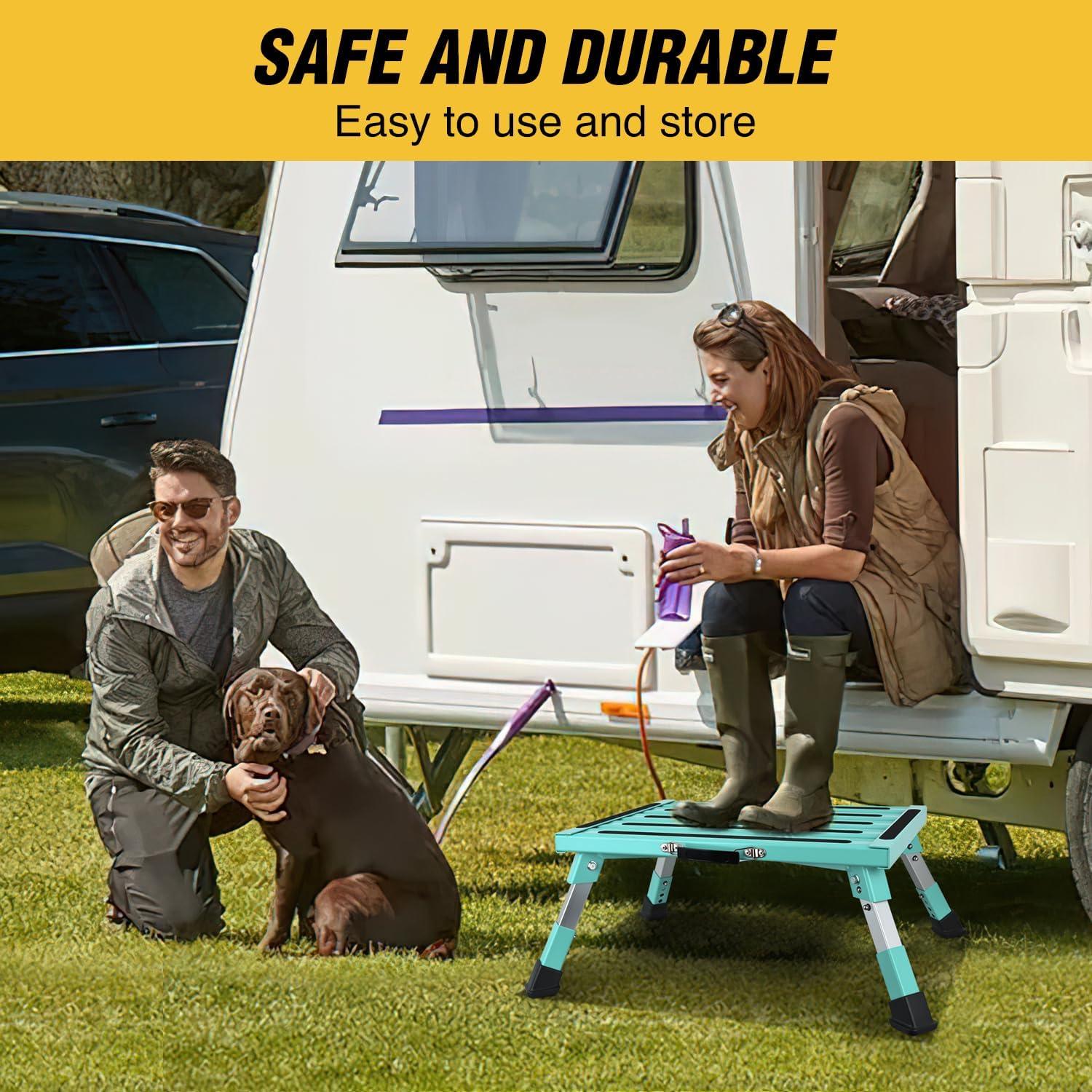 imageNilight RV Step Stool Aluminum Folding Platform Steps 19x145 RV Steps 4 Levels Adjustable Step Stool with AntiSlip Surface Rubber Feet Handle Supports Up to 500lbs for Camper Travel Trailer SilverMint Green