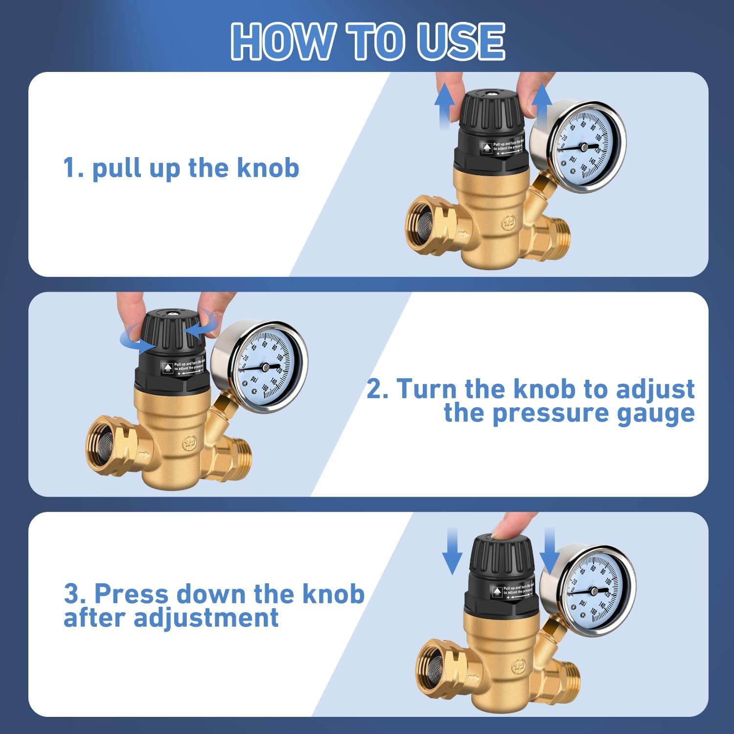 imageNilight RV Water Pressure Regulator for RV Camper Water Hose Pressure Regulator with Oil Filled Gauge and Inlet Brass Leadfree Adjustable RV Water Pressure Regulator Valve for Camper Travel TrailerHandwheel adjustment