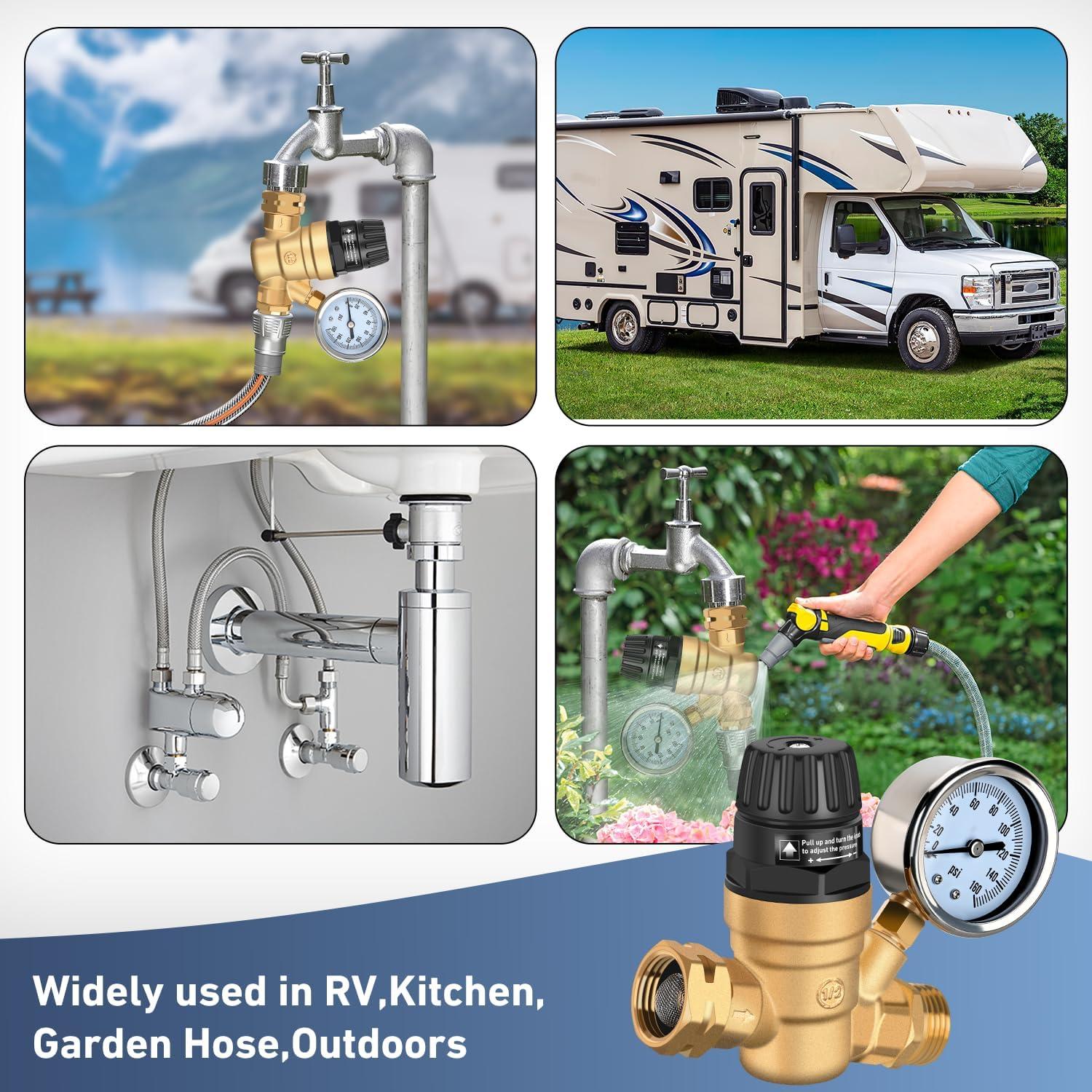 imageNilight RV Water Pressure Regulator for RV Camper Water Hose Pressure Regulator with Oil Filled Gauge and Inlet Brass Leadfree Adjustable RV Water Pressure Regulator Valve for Camper Travel TrailerHandwheel adjustment