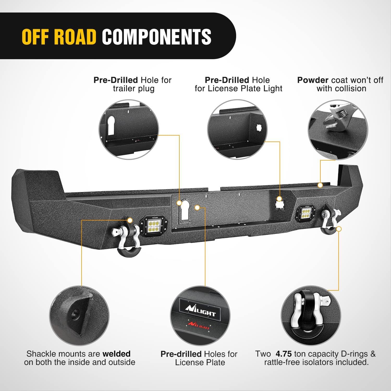 imageNilight Rear Step Bumper Compatible with 2020 2021 2022 2023 2024 2025 Gladiator JT Super Duty Pickup Truck Bumper with LED Lights Sensor Holes and DringsRear Bumper