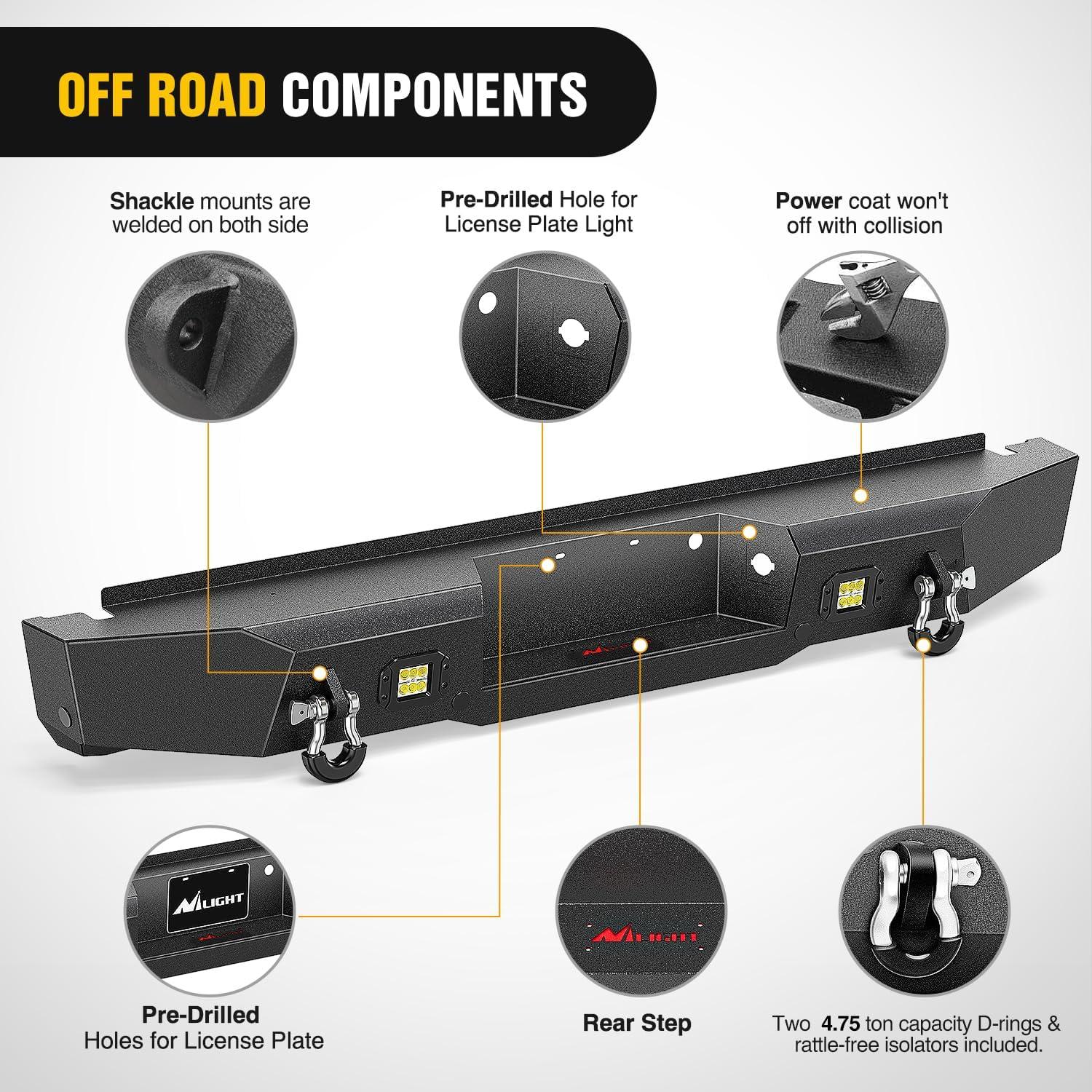 imageNilight Rear Step Bumper Compatible with 2020 2021 2022 2023 2024 2025 Gladiator JT Super Duty Pickup Truck Bumper with LED Lights Sensor Holes and DringsRear Bumper