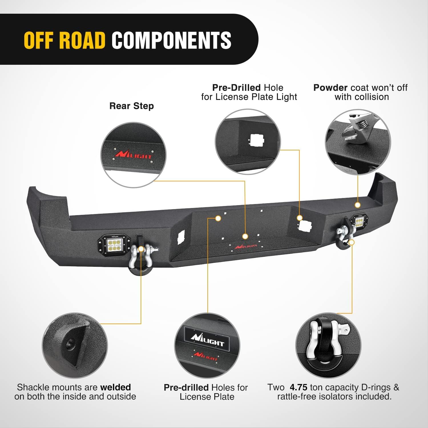 imageNilight Rear Step Bumper Compatible with 2020 2021 2022 2023 2024 2025 Gladiator JT Super Duty Pickup Truck Bumper with LED Lights Sensor Holes and DringsRear Bumper