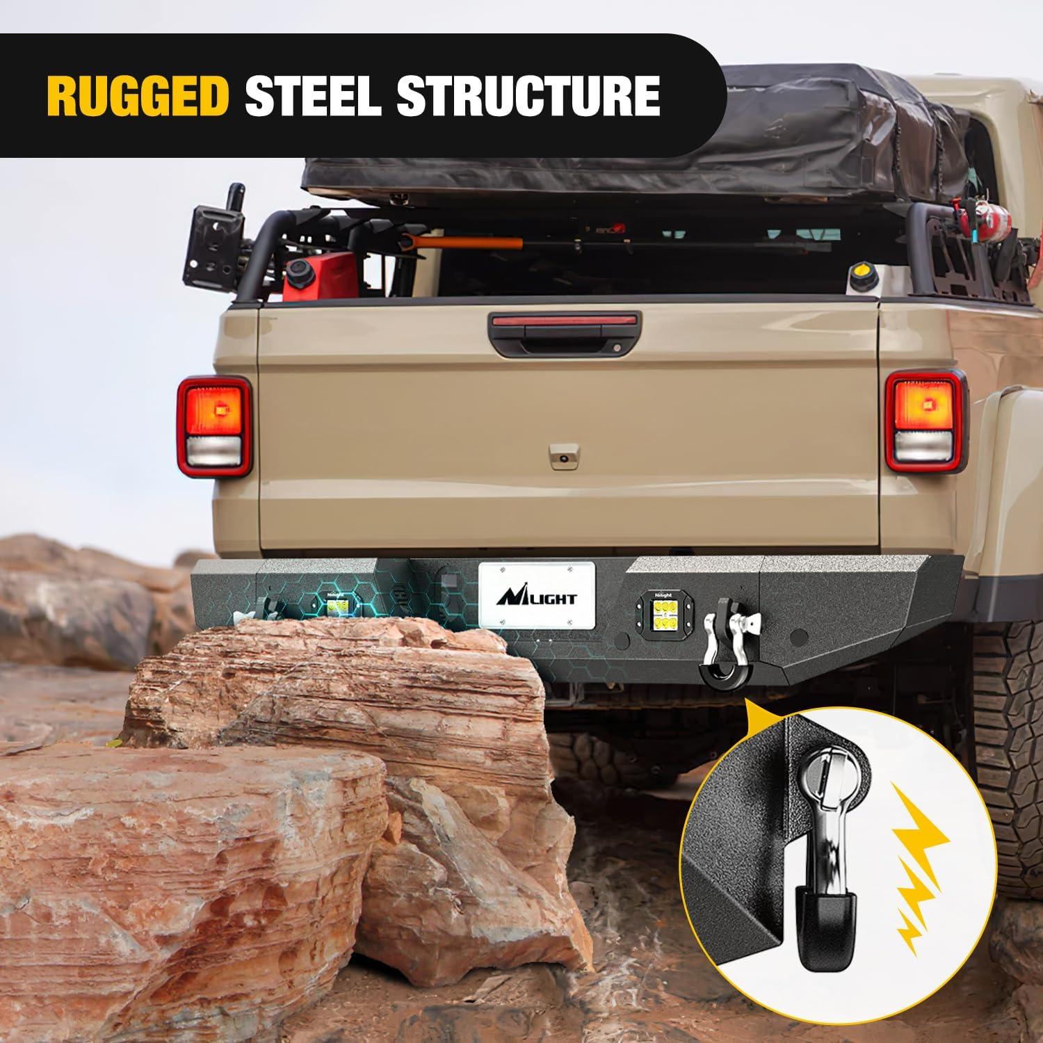 imageNilight Rear Step Bumper Compatible with 2020 2021 2022 2023 2024 2025 Gladiator JT Super Duty Pickup Truck Bumper with LED Lights Sensor Holes and DringsRear Bumper