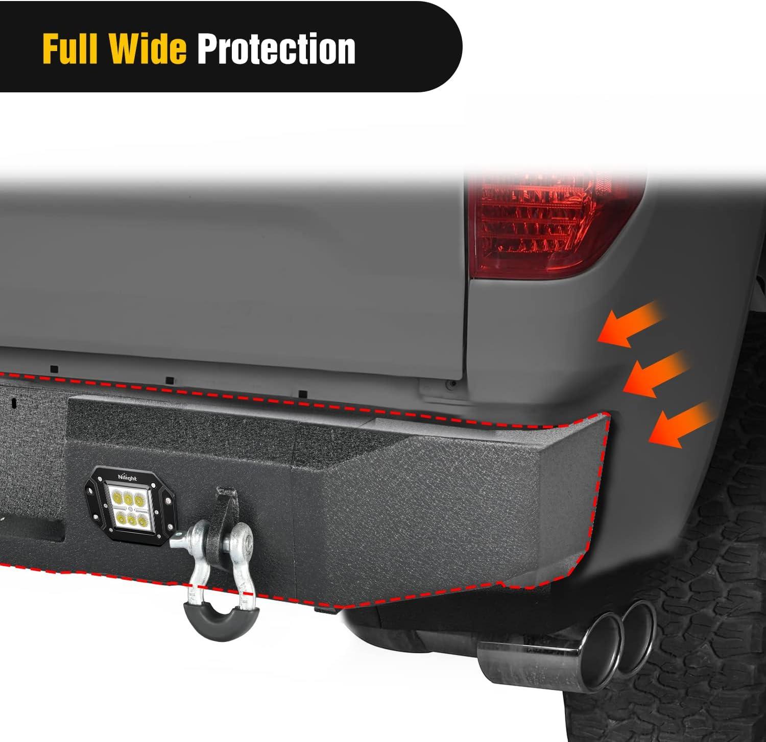 imageNilight Rear Step Bumper for 2007 2008 2009 2010 2011 2012 2013 Toyota Tundra Full Width Pickup Truck Textured Black Solid Steel OffRoad with 2X Upgraded 18W LED Lights DRings
