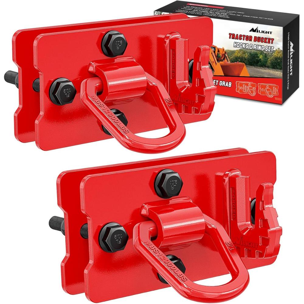 imageNilight 2PCS Tractor Bucket Hooks with Tie Down Ring BoltOn Grab Hook with Back Plates Compatible with Trailer RV UTV Truck Grade 70 Grade Forged Steel Max 15000 lbs Red