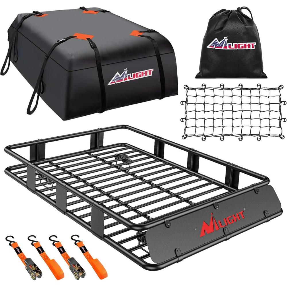 imageNilight 51quot X 36quot X 5quot Universal Roof Rack Cargo Basket HeavyDuty 200LBS Capacity Rooftop Cargo Carrier Luggage Holder ampamp Soft WaterproofCargo BagNetRatchet Straps for SUV Truck Vehicle64x 39x 6 wNet Straps Bag