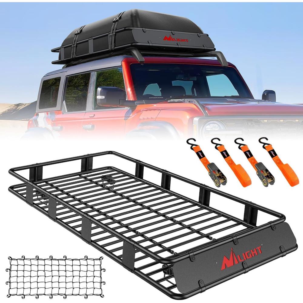 imageNilight 51quot X 36quot X 5quot Universal Roof Rack Cargo Basket HeavyDuty 200LBS Capacity Rooftop Cargo Carrier Luggage Holder ampamp Soft WaterproofCargo BagNetRatchet Straps for SUV Truck Vehicle84x 39x 6 wNet Straps