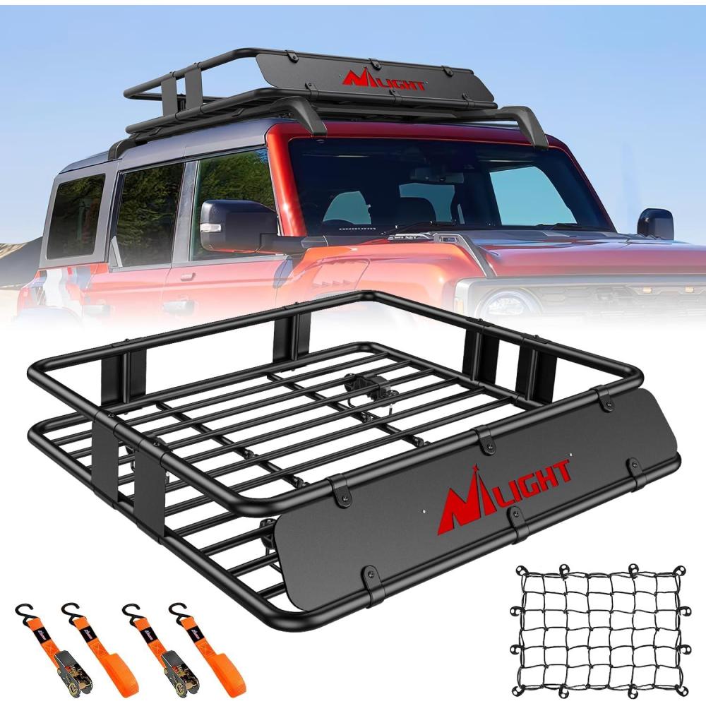imageNilight 51quot X 36quot X 5quot Universal Roof Rack Cargo Basket HeavyDuty 200LBS Capacity Rooftop Cargo Carrier Luggage Holder ampamp Soft WaterproofCargo BagNetRatchet Straps for SUV Truck Vehicle43x 39x 6  wNet Straps