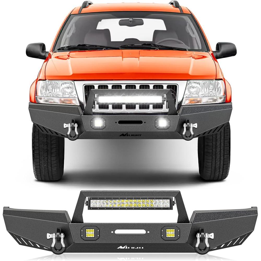 imageNilight Front Bumper Compatible for 1999 2000 2001 2002 2003 2004 Jeep Grand Cherokee WJ with Winch Plate Offroad 120W Light Bar 18w LED Pods