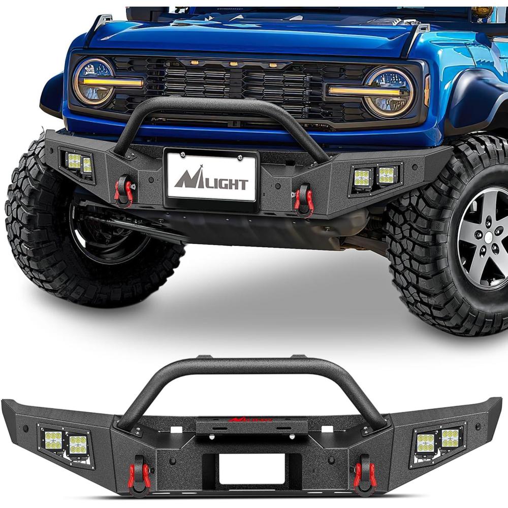 imageNilight Front Bumper Compatible for 2021 2022 2023 2024 Ford Bronco with 4X 18w Flush Mount LED Work Lights Winch Plate License Plate Bracket Sensor Hole