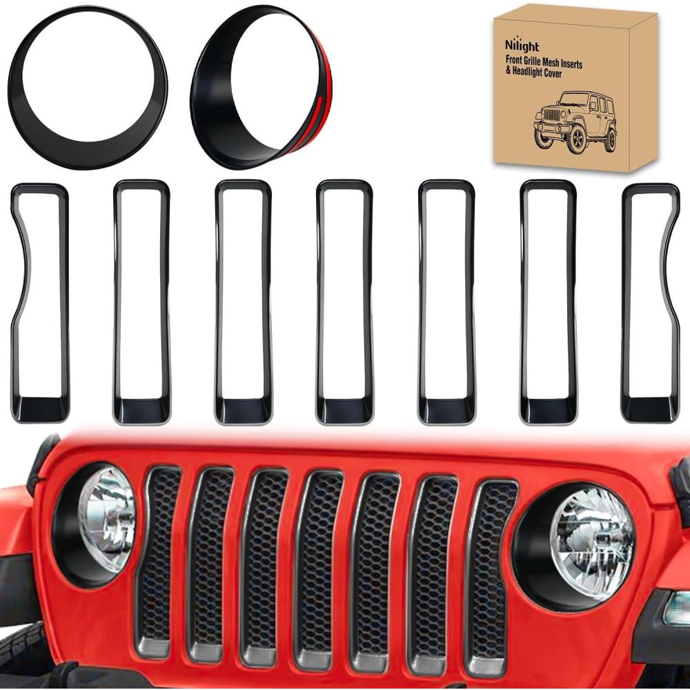 imageNilight Grill Inserts fit for Jeep Wrangler Front Grille Inserts Headlight Cover Set for JL JLU Unlimited Sport SportS 2018 2019 2020 2021 2022 2023 Grille Bezels Trim Exterior Accessories Black 9 Pcs