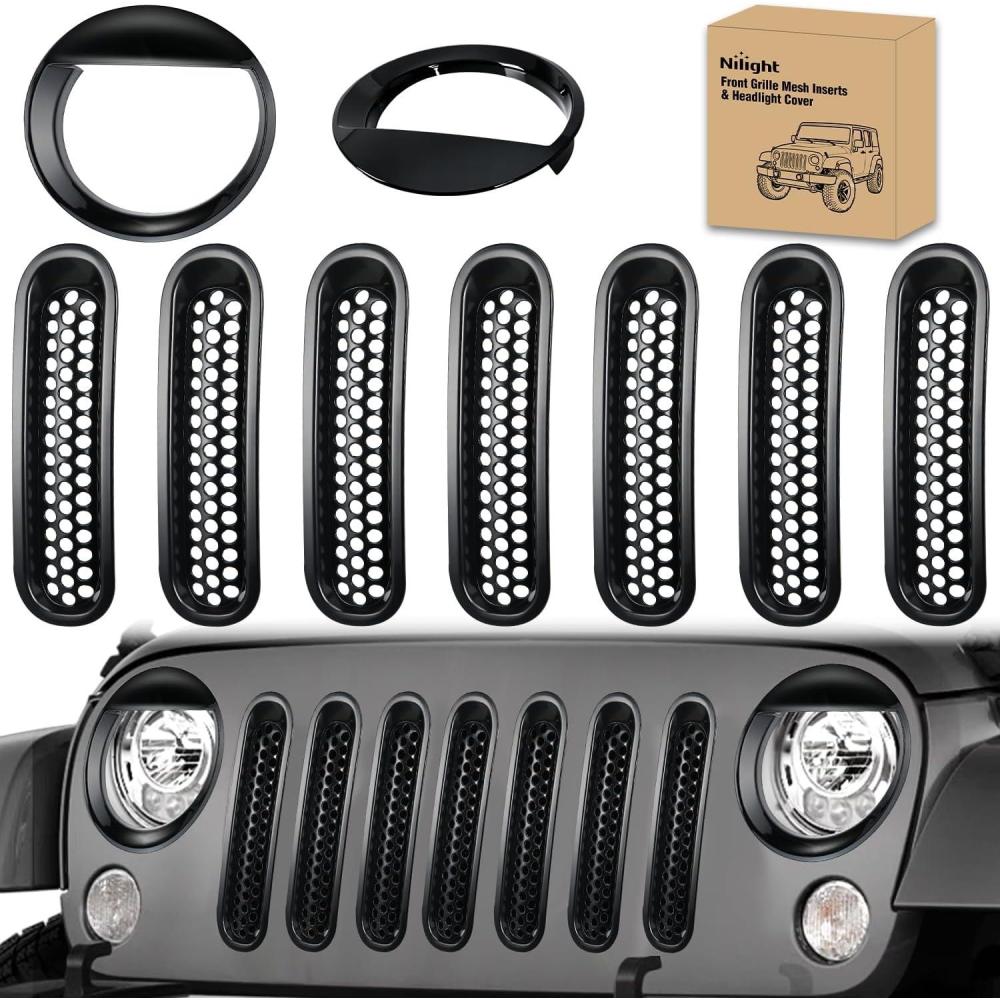 imageNilight Grill Inserts fit for Jeep Wrangler Front Grille Mesh Inserts ampamp Headlight Cover Set for JK JKU Unlimited Sports Sahara Freedom Rubicon 20072018 Clipin Trim Exterior Accessories Black 9 Pcs