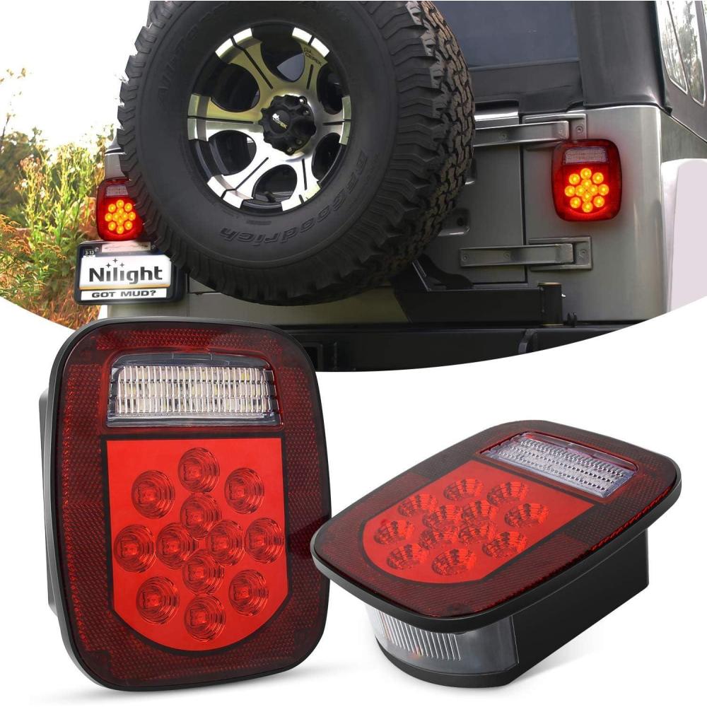 imageNilight JK Tail Light LED Red Running Stop Brake Turn Signals Lights White Reverse Back Up DOT APPROVED Smoked Lens Taillight Compatible with 20072018 Wrangler JKUUniversal Tail LightHardwired