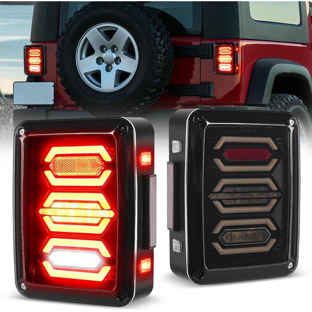 imageNilight JK Tail Light LED Red Running Stop Brake Turn Signals Lights White Reverse Back Up DOT APPROVED Smoked Lens Taillight Compatible with 20072018 Wrangler JKUJK 20072017 Tail Light