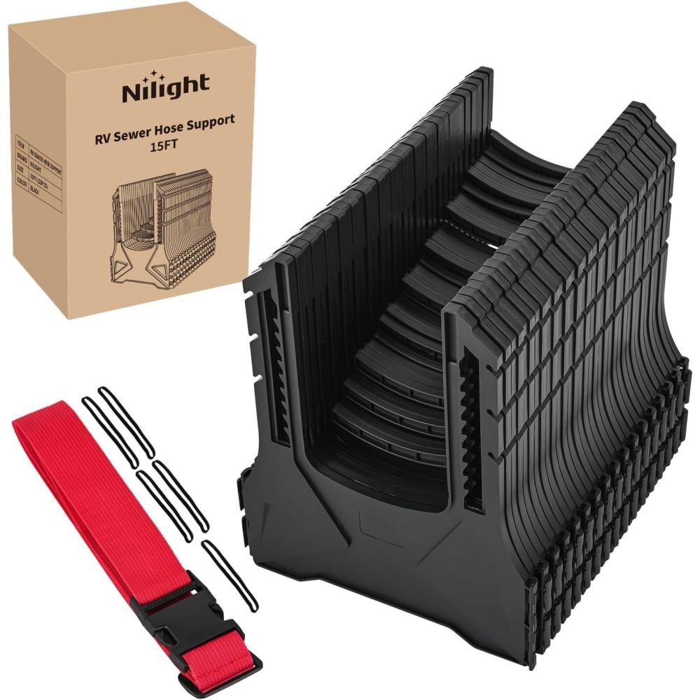 imageNilight RV Sewer Hose Support 10Ft Telescoping Design Avoid Obstacles and Height Adjustable for Camper Drainage Easy to Set Up Stable Deep U Shape Cradles Secure with Strap and Rubber Bands Black15FT