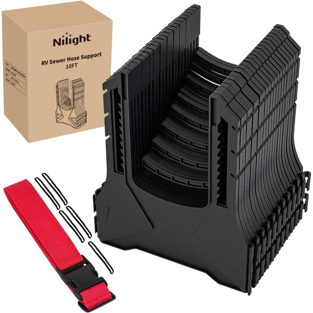 imageNilight RV Sewer Hose Support 10Ft Telescoping Design Avoid Obstacles and Height Adjustable for Camper Drainage Easy to Set Up Stable Deep U Shape Cradles Secure with Strap and Rubber Bands Black10FT