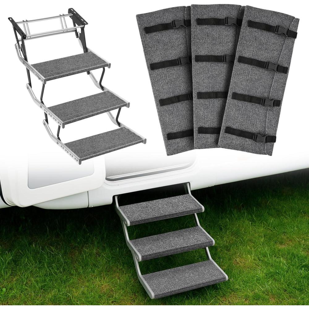 imageNilight RV Step Covers 4 Pack 19 x 75 inches Non Slip Camper Stair Cover Rug with Hook ampamp Loop Works on Electrical Manual RV Stairs Carpet Step Rug for Mobile Home Camper Trailers Steps Outside Gray3pcs 22 with Snap Fasteners