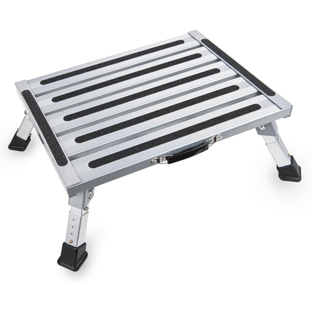 imageNilight RV Step Stool Aluminum Folding Platform Steps 19x145 RV Steps 4 Levels Adjustable Step Stool with AntiSlip Surface Rubber Feet Handle Supports Up to 500lbs for Camper Travel Trailer SilverSilver