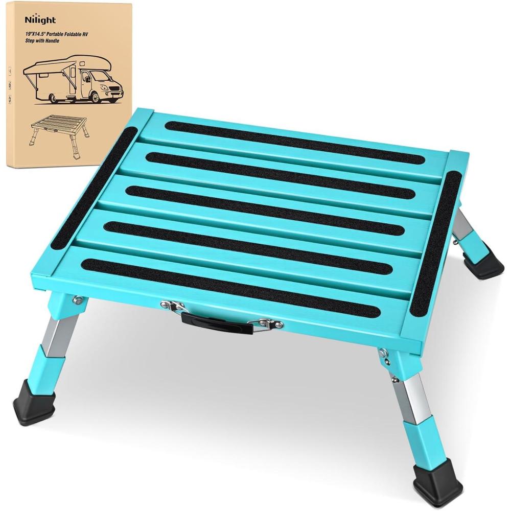 imageNilight RV Step Stool Aluminum Folding Platform Steps 19x145 RV Steps 4 Levels Adjustable Step Stool with AntiSlip Surface Rubber Feet Handle Supports Up to 500lbs for Camper Travel Trailer SilverMint Green