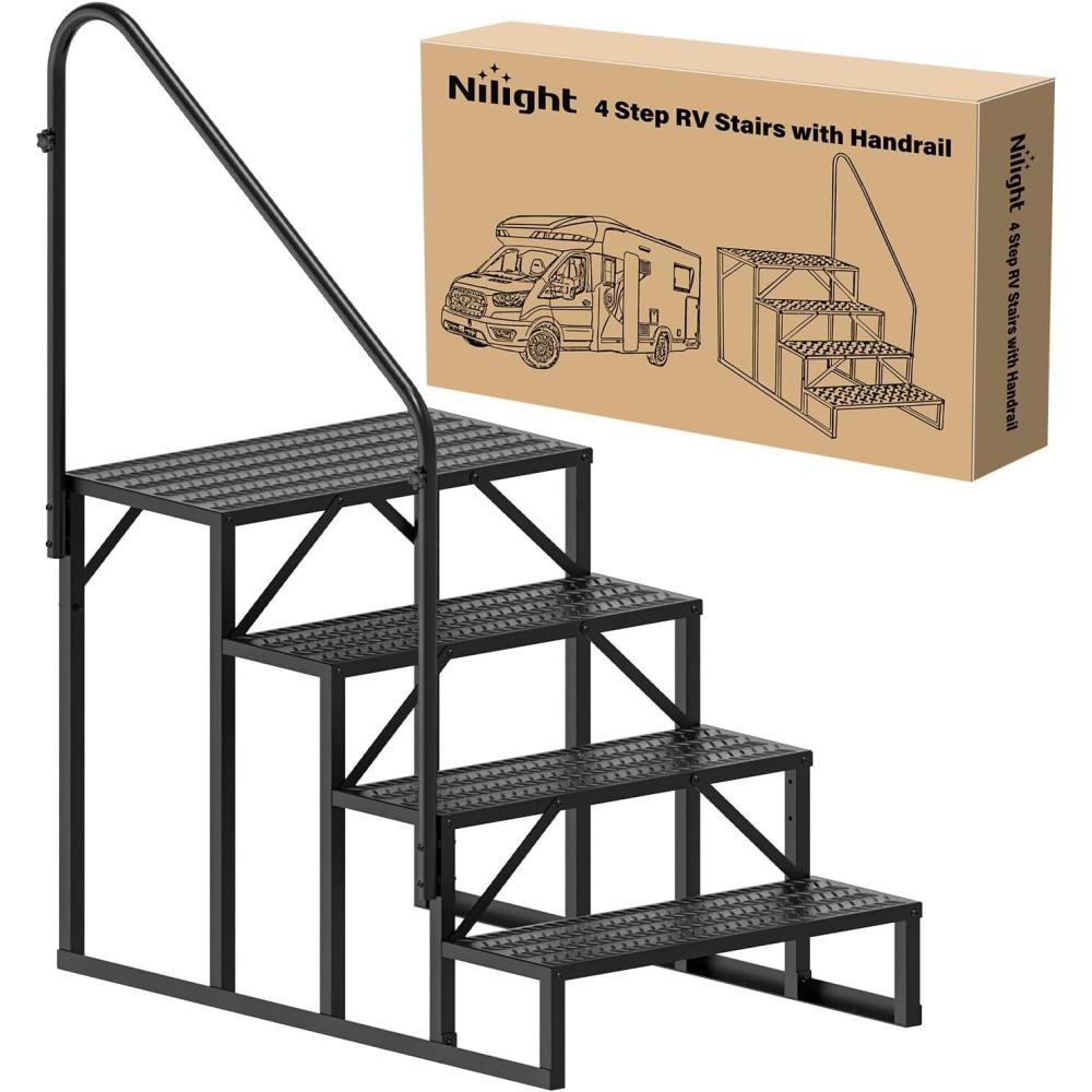 imageNilight RV Steps with Handrail 3 Steps Hot Tub Steps Outdoor RV Stairs Step Portable Mobile Motor Home Stairs for Camper Travel Trailers Dock Entry Steps 5th Wheel RV Porch with AntiSlip Handrail4 Steps